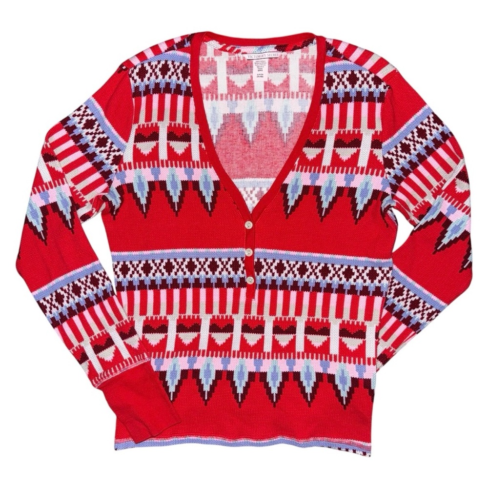 Victorias Secret Fair Isle Waffle Knit Thermal Shirt Red Aztec Long Sleeve Small